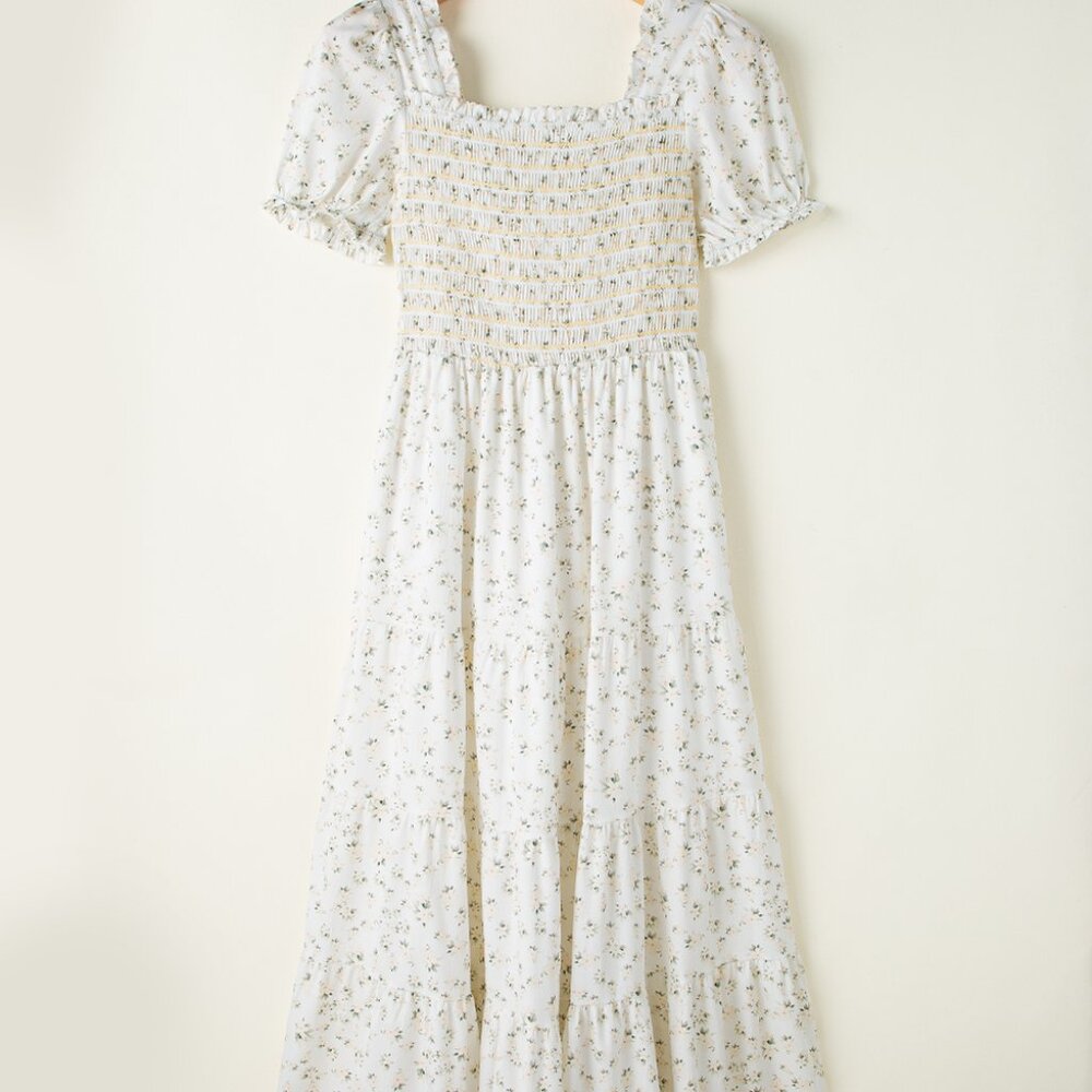 White Frilly Shirred Bodice Tiered Floral Maxi Dress